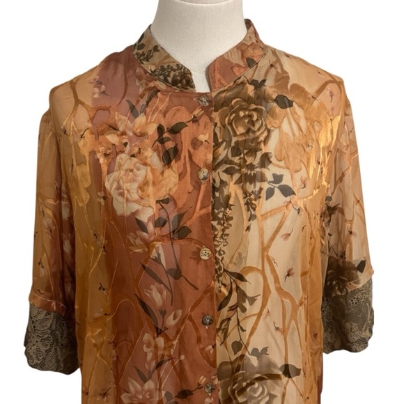CITRON Silk Button Up Too Shirt Lightweight Orange Brown Floral Neutral Size L - Picture 3 of 6